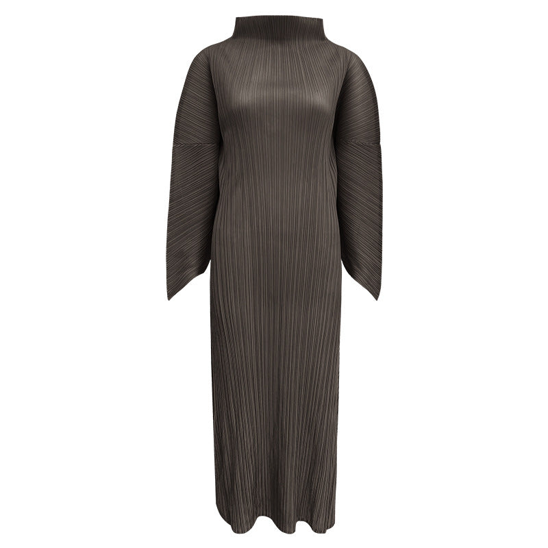 2025 spring temperament turtleneck folding sleeves solid color dress women's medium and long simple loose pleated A-shaped skirt