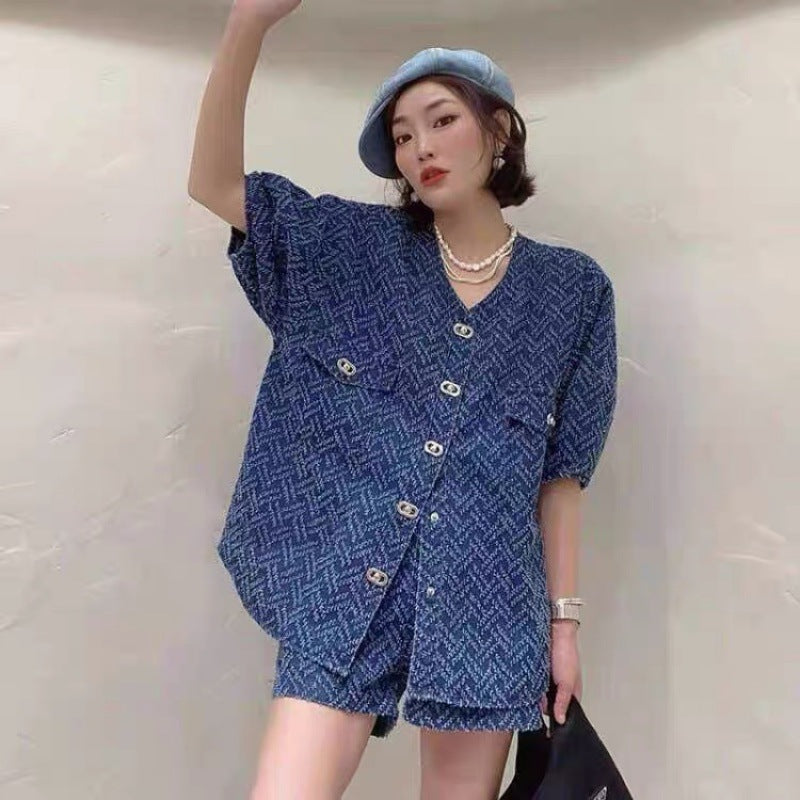 2025 spring and summer new women's clothing temperament design sense denim suit female fat Tibetan meat thin summer loose two-piece set