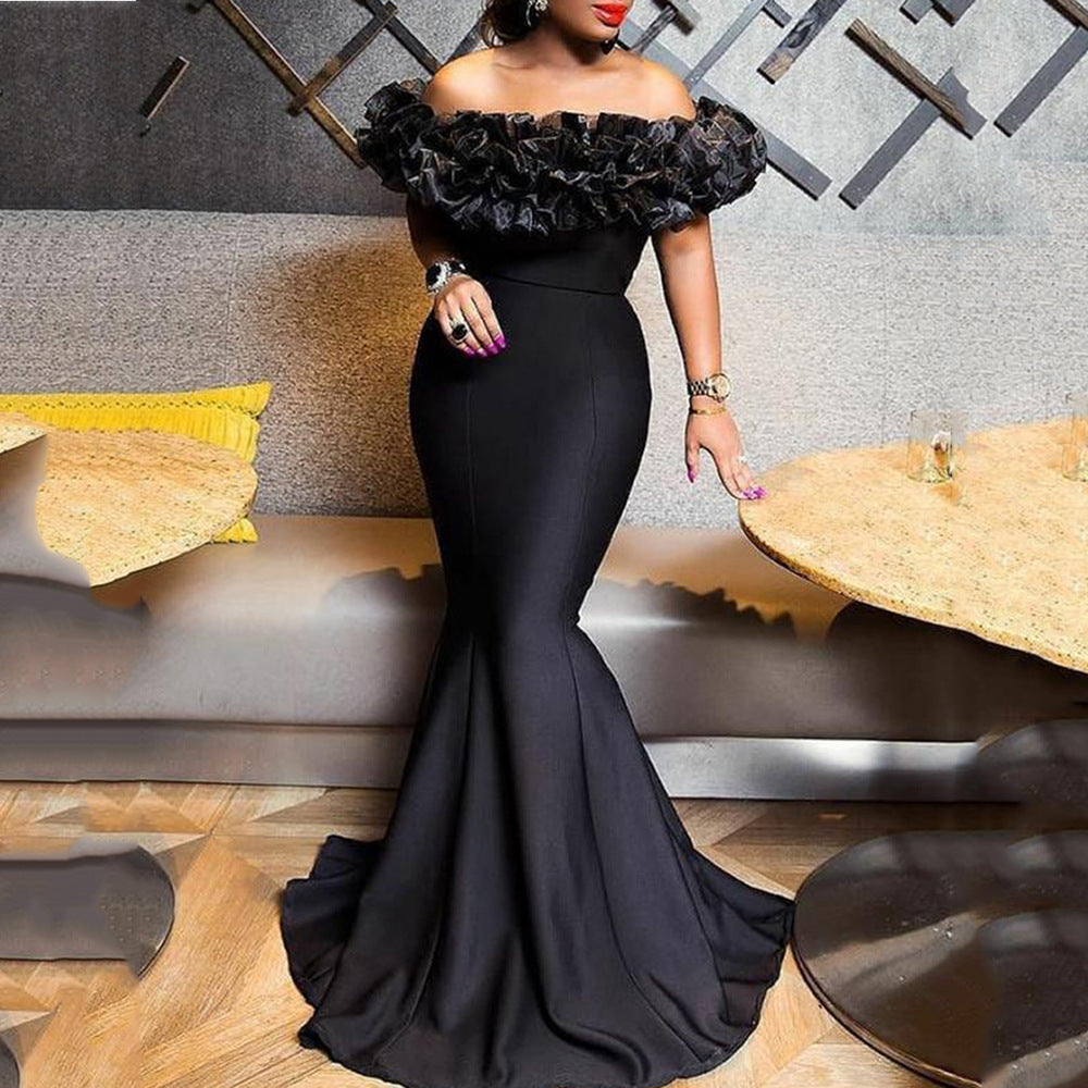 Bulk 2025 Spring New Elastic Knitted Belt Anti-2025 Women's Clothing Lotus Leaf Shoulder Small Trailing Long Dress Dress