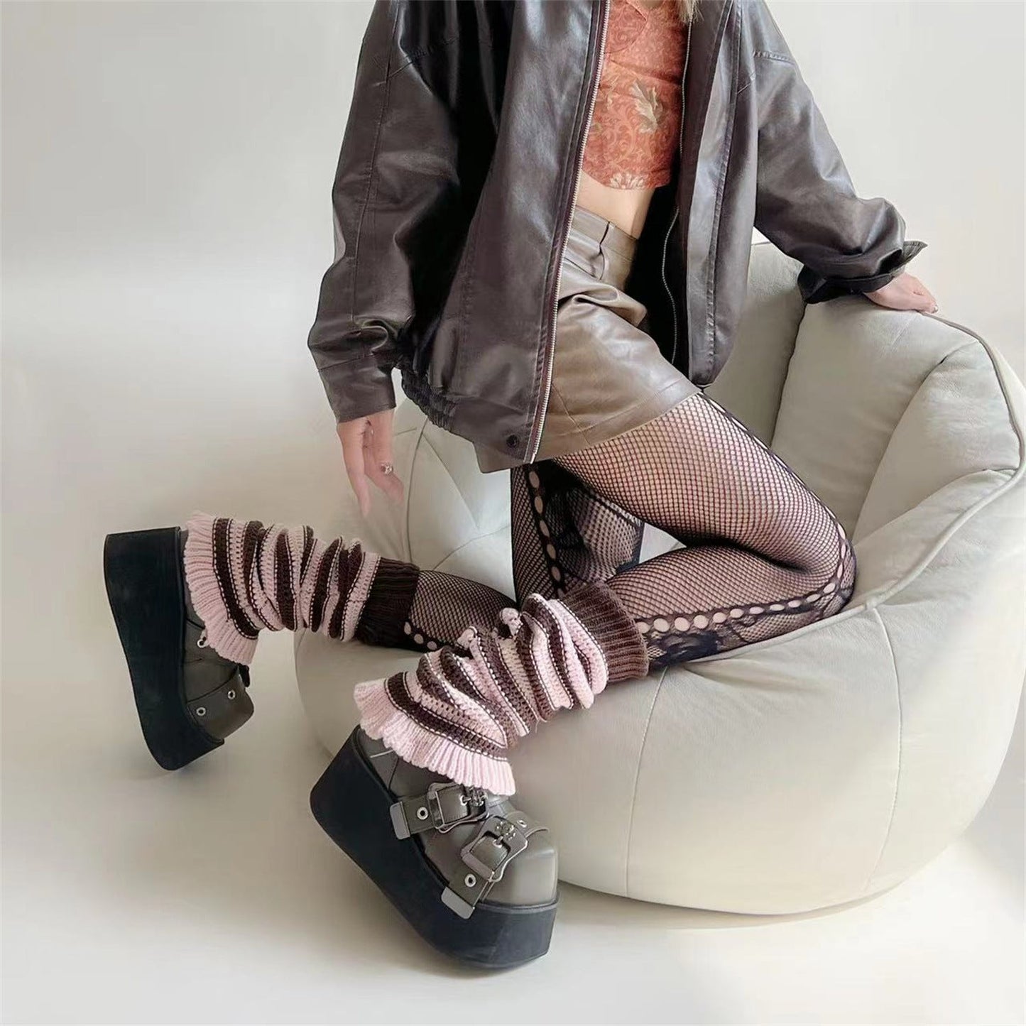 jinran fall outfits women French Retro Hot Girl Millennium Style Y2g Spring and Summer Hollow Lace Color Stitching Striped Leg Cover Knitted Thin Socks