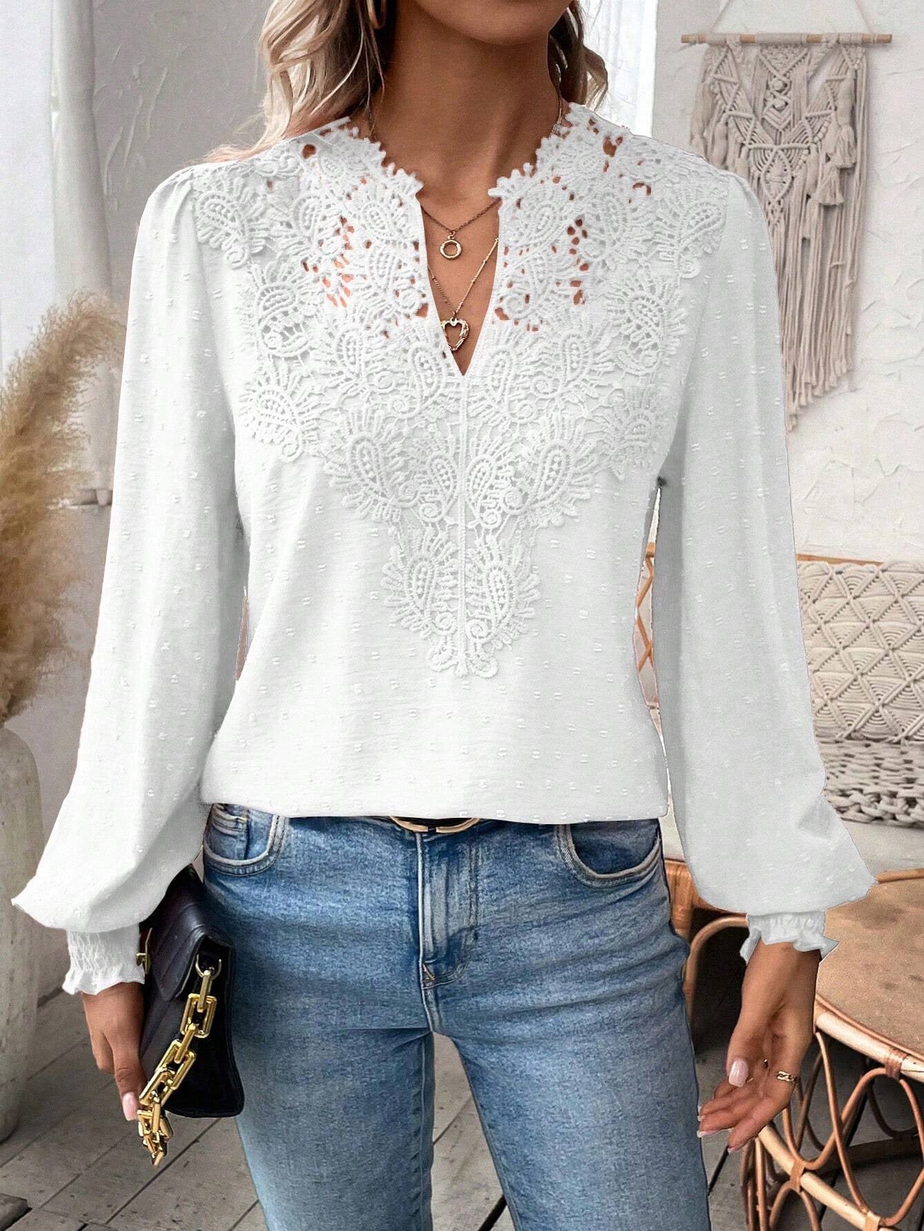 2025 Popular, , New autumn and winter new fashion V-neck lace solid color long-sleeved casual T women's top
