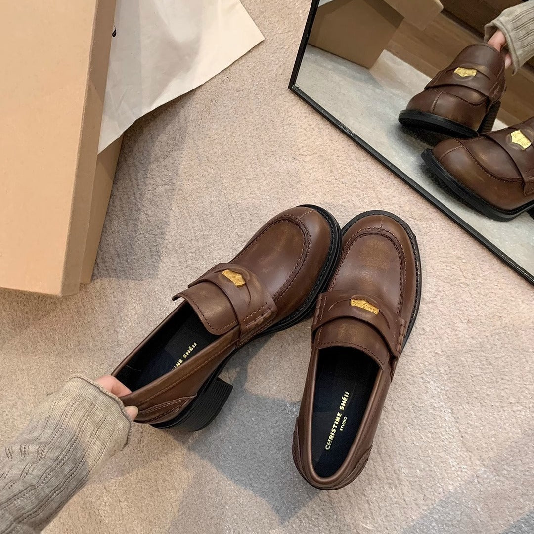 2025 Cowhide version~ Xingshengda shoes British style A miu small gold coins thick heel lazy loafers women's small leather shoes