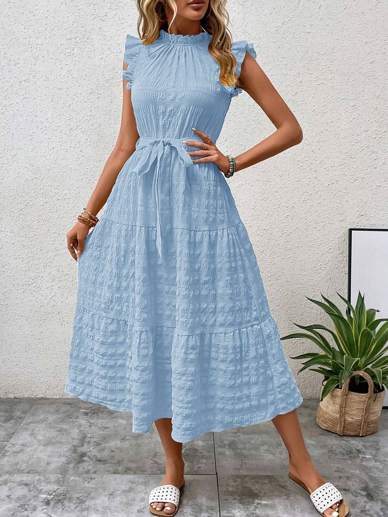 2025 Popular, , New women's clothing summer new fashion fungus edge flying sleeves lace-up textured dress