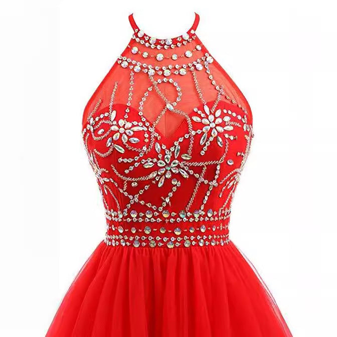 jinran dresses Slim-Fit Small Dress Halter Short Bridal Wedding Dress Banquet Evening Dress Lace New Red Women
