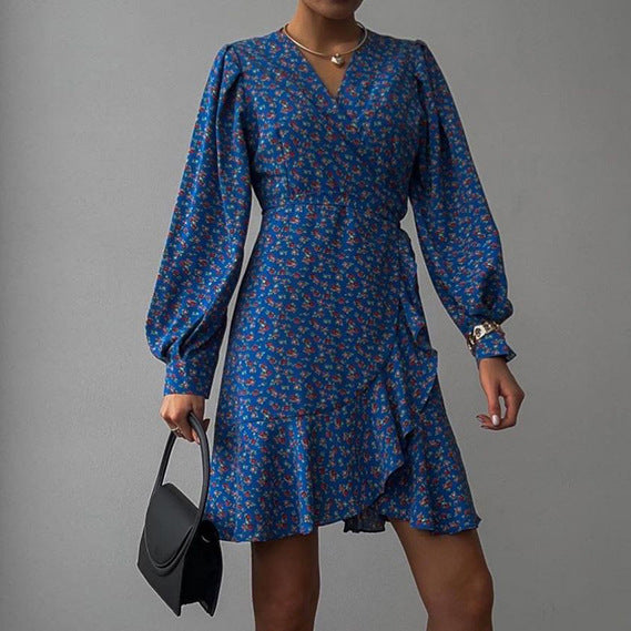 2025 Sexy V-neck bubble sleeve ruffle edge printed strap dress popular new spring fashion Popular trade women