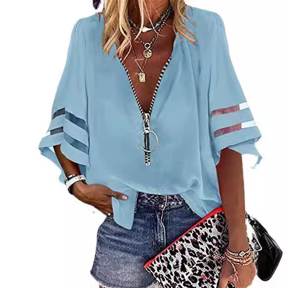 2025 Popular, , 's new V-neck zipper shirt, half-flared sleeve grid splicing, loose casual shirt women