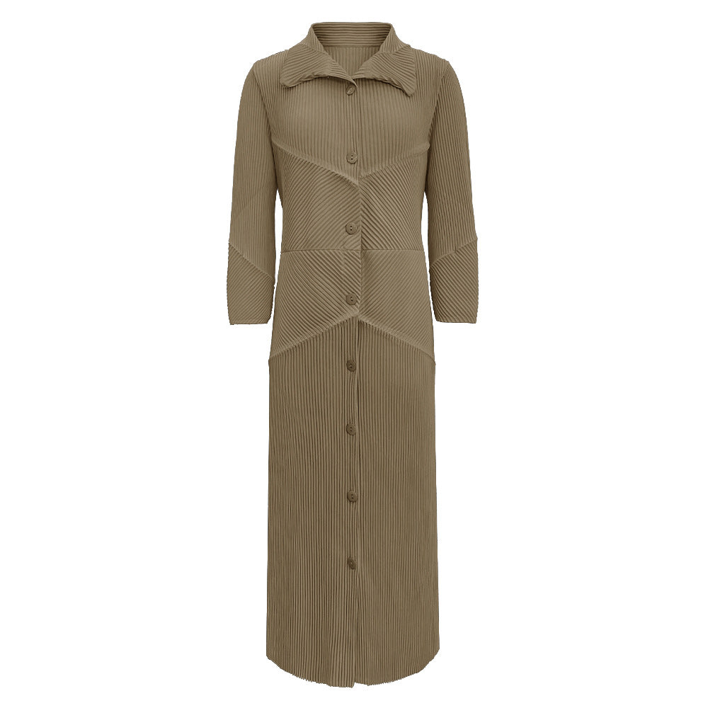 2025 spring new single-breasted long-sleeved lace-up dress medium and long Korean version simple loose pleated A-shaped skirt