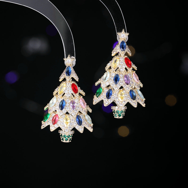 2025 Winter personalized design Christmas tree zircon earrings s925 silver needle exaggerated atmosphere court style retro earrings