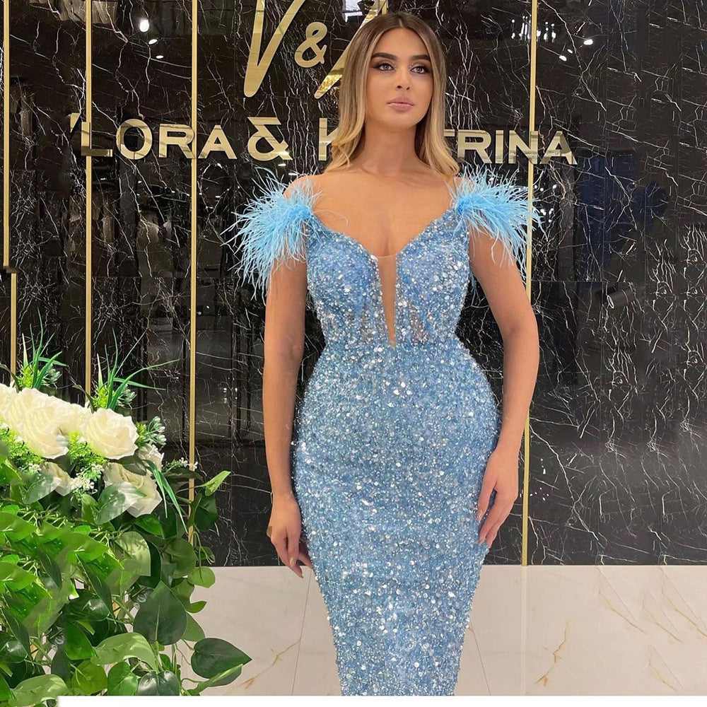 2025 New spring and summer new 2025 women's clothing deep V sequins sexy evening dress feather sequins sleeveless dress long dress