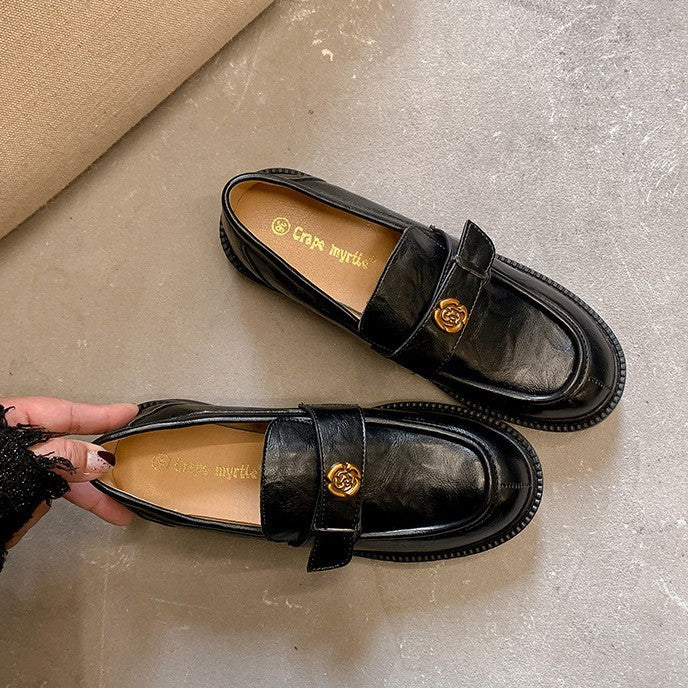 2025 Cowhide version~ New camellia platform retro black one-pedal British style loafers single shoes small leather shoes