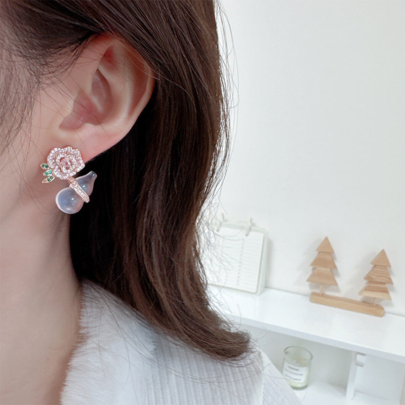 2025 New Chinese style flower purple chalcedony gourd earrings s925 silver needle light luxury high-end niche national trend rose earrings