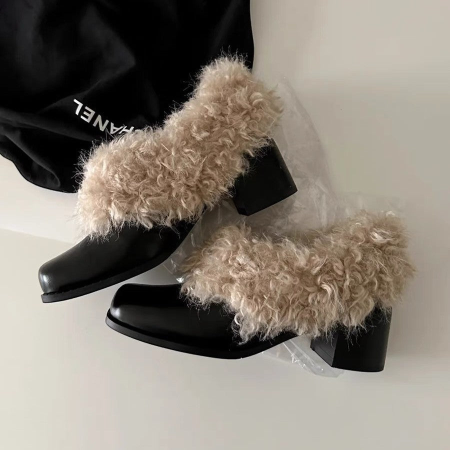 2025 Cowhide version~ Square head one-pedal retro velvet warm Mary Jane small leather shoes cotton shoes thick heel single shoes fluffy shoes