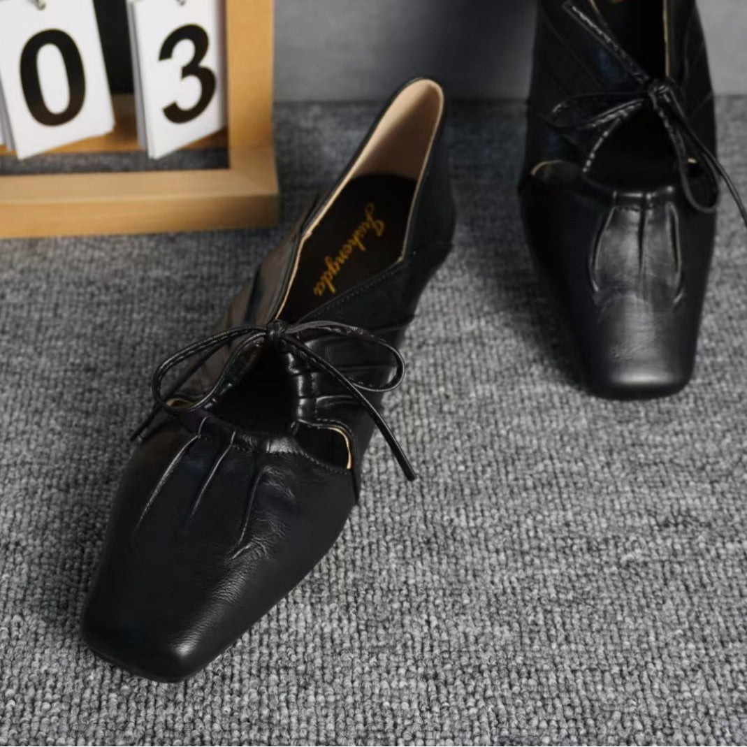 2025 Sheepskin version~ niche design pleated hollow square head Mary Jane shoes leather bow flat shoes
