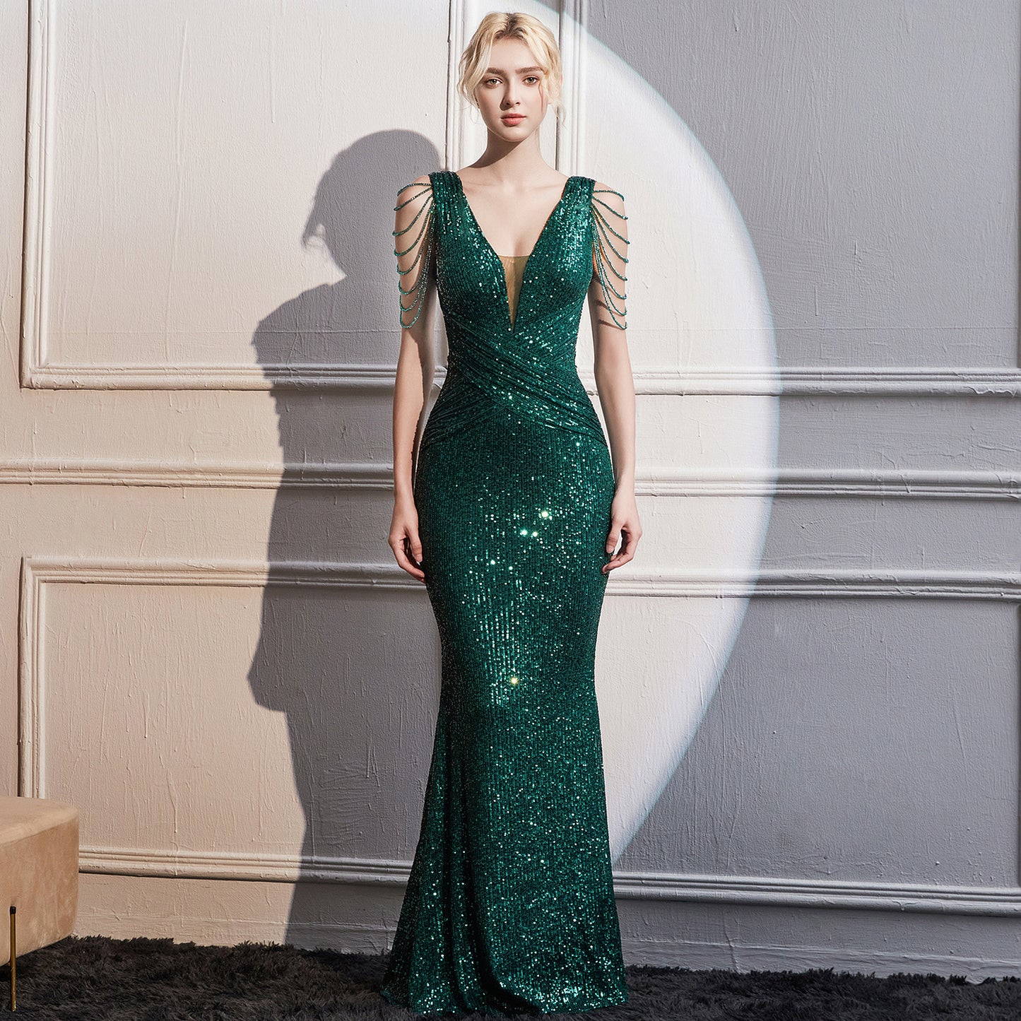 2025 Evening dress, femininity, socialite style, banquet, high-end high-end sense, slim fit, sequins, sparkling long fishtail dress.