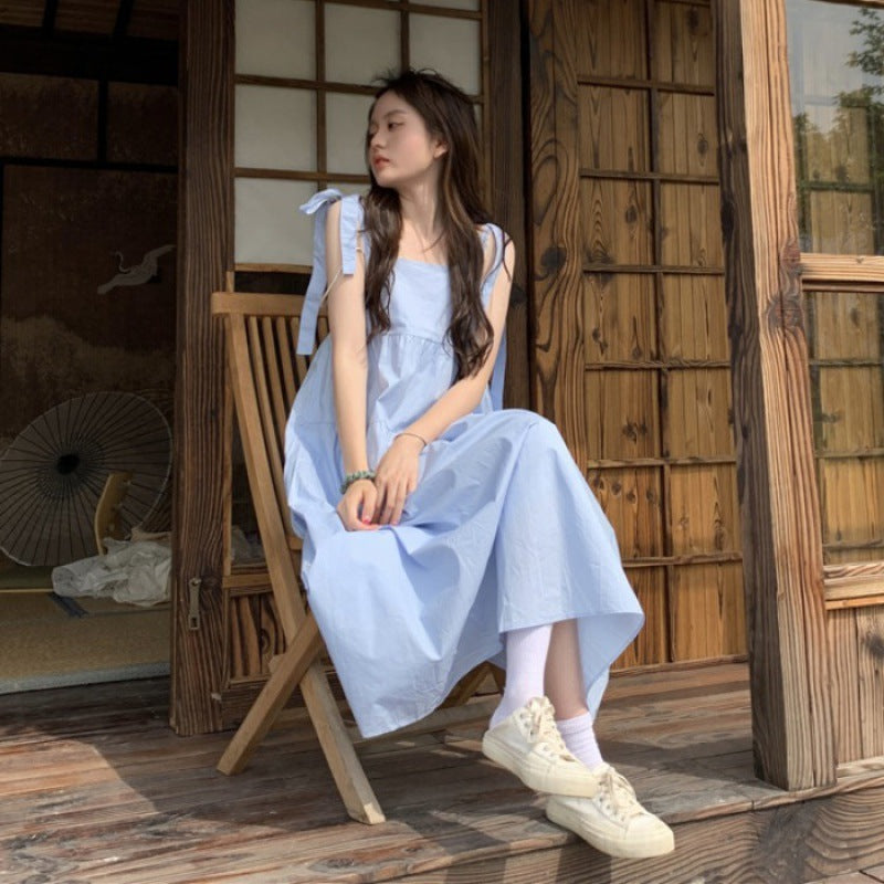 jinran birthday outfit Suspender Skirt Summer 2024 New Small Fresh Bow Lace-up Mid-Length Sweet Casual Dress Women