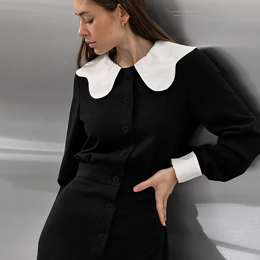 2025 popular spring fashion black loose lapel bubble sleeves contrasting color patchwork dress New simple short skirt women