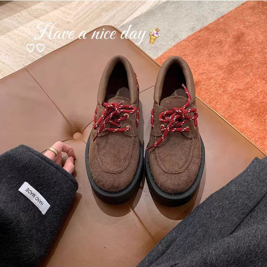 2025 Cowhide version~ Grape mother, the same retro lace-up versatile thick heel thick sole heightening British small leather shoes women's loafers