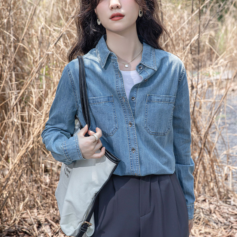 Blue retro denim shirt jacket women's spring dress front shoulder top design sense niche small man stacked shirt autumn
