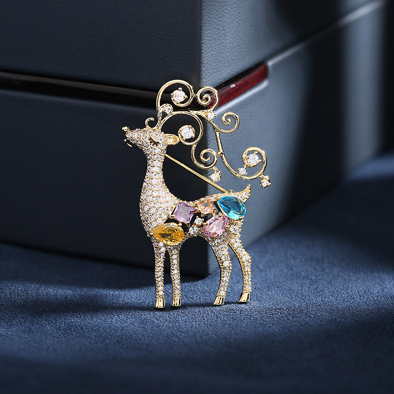 2025 Micro-inlaid colorful zircon inlaid niche design sense has your blazer corsage Christmas elk brooch all the way