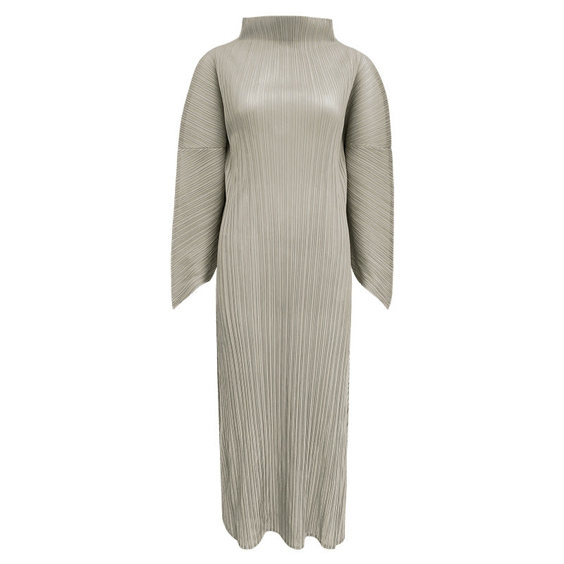 2025 spring temperament turtleneck folding sleeves solid color dress women's medium and long simple loose pleated A-shaped skirt