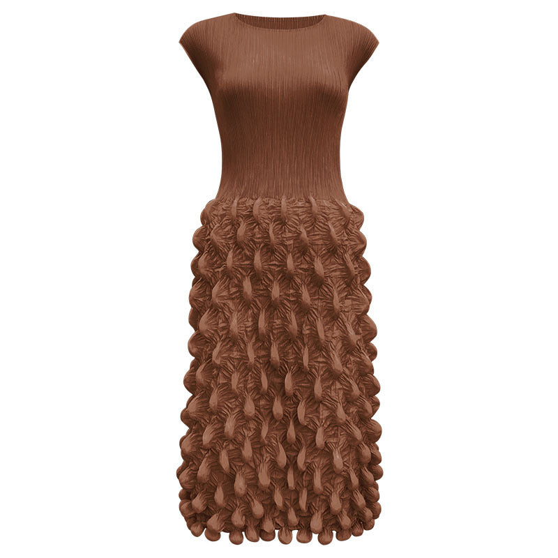 2025 summer new spot bubble pleated long dress slim pleated women's clothing solid color niche handmade sleeveless dress