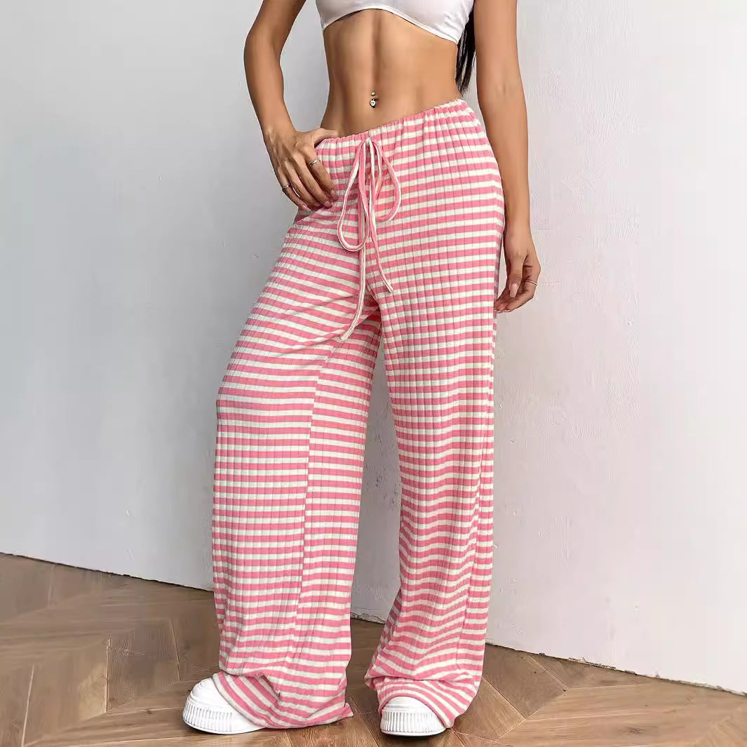 2025 Spring and Autumn New women's clothing new casual striped solid color rubber band pull rope cotton straight pants