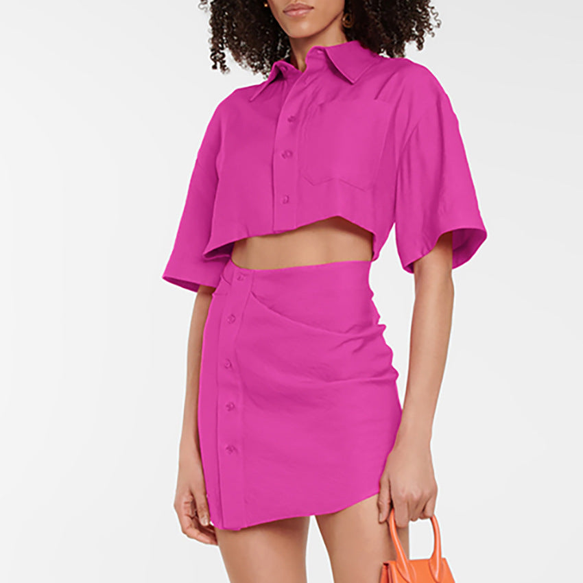 2025 popular summer new shirt skirt short skirt hip skirt short dress rose red short sleeve fashion women's clothing