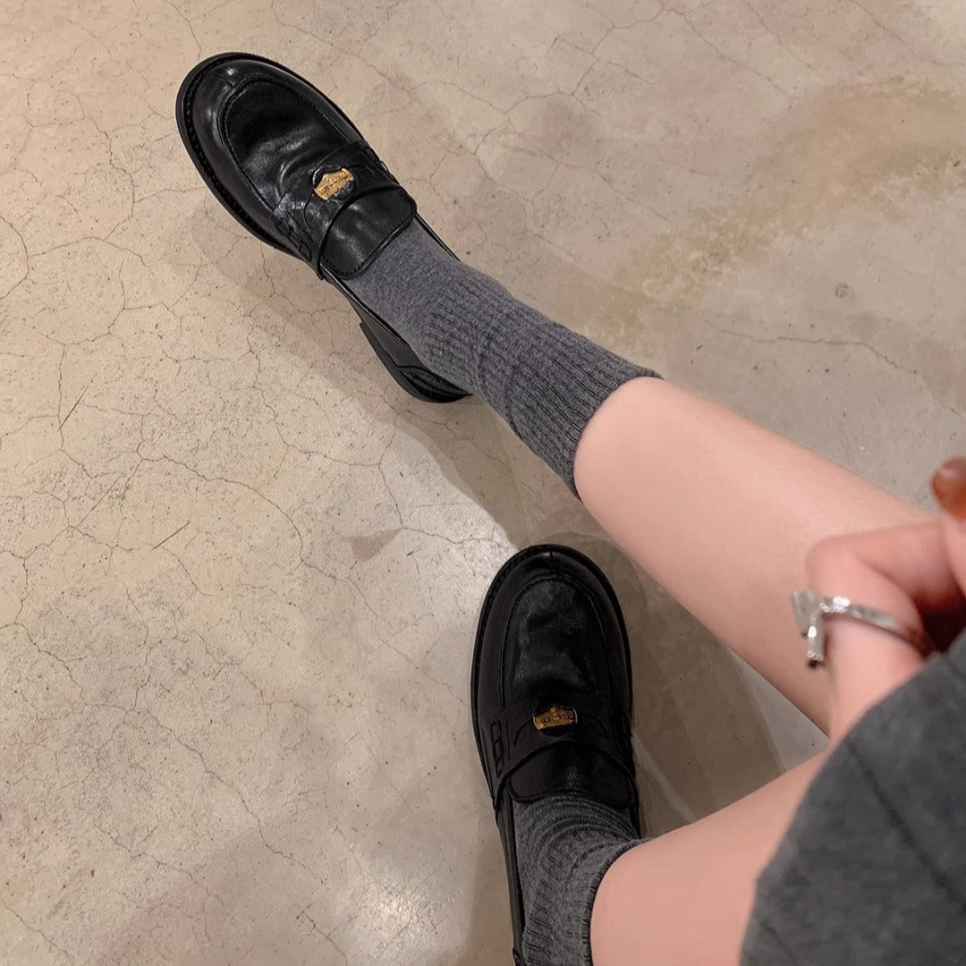 2025 Cowhide version~ Xingshengda shoes make old horse leather retro polished small gold coins thick heel loafers women's small leather shoes