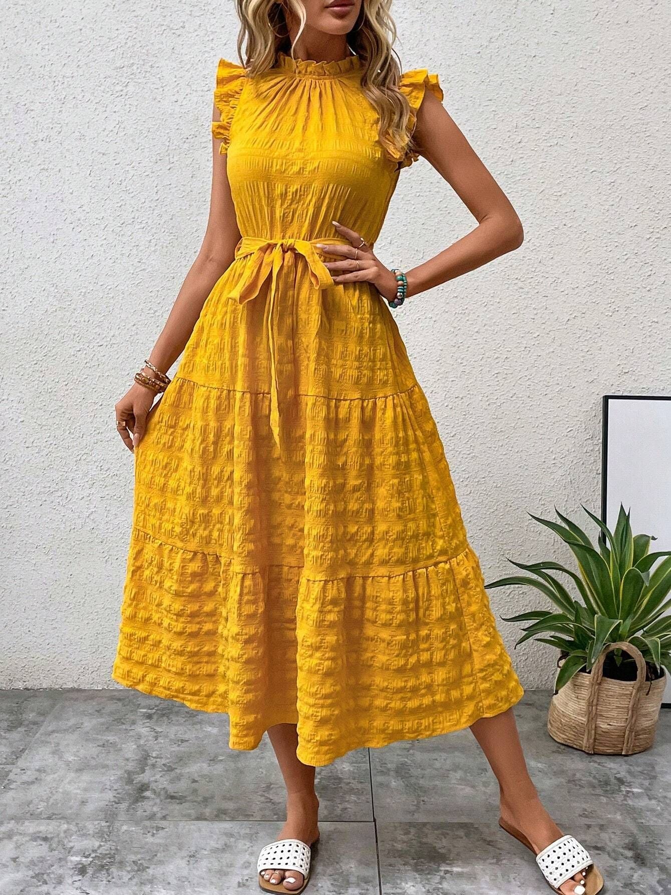 2025 Popular, , New women's clothing summer new fashion fungus edge flying sleeves lace-up textured dress