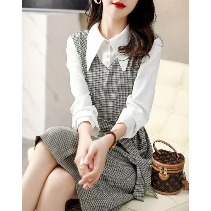 jinran business casual outfits for women Autumn New Commuter Elegant Socialite Age-Reducing Stitching Fake Two Pieces Dress Women