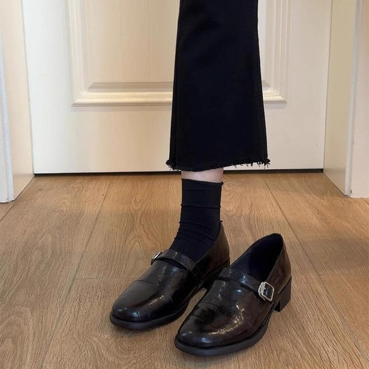 2025 Sheepskin version~ row style retro low-heeled small leather shoes women's one-pedal belt buckle leather loafers new small single shoes