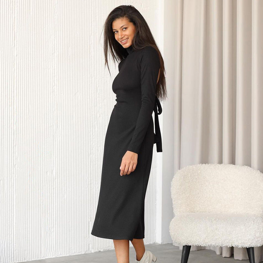 2025 fashion light luxury turtleneck long-sleeved dress black backless lace-up long dress A-shaped skirt, new women's clothing in autumn