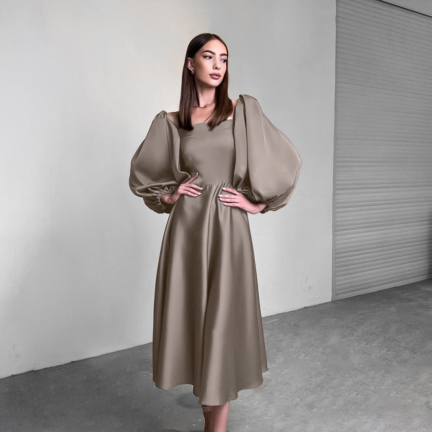 2025 Spring New sexy temperament party evening dress fashionable satin satin square neck bubble sleeve dress