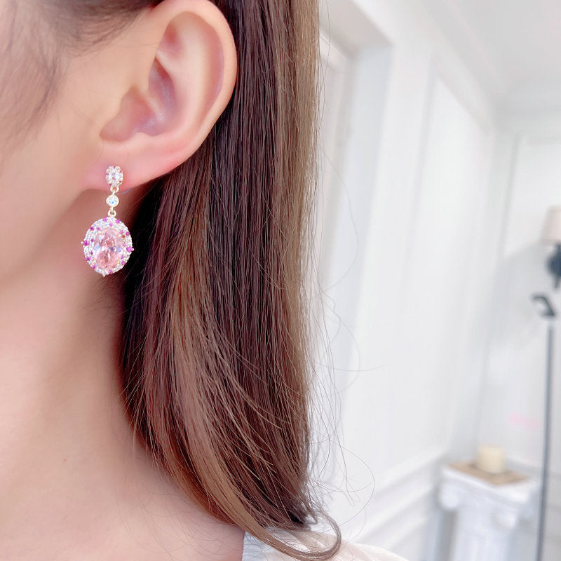 2025 S925 silver needle earrings niche temperament high-end sense micro-inlaid craft earrings wholesale full of zircon oval earrings
