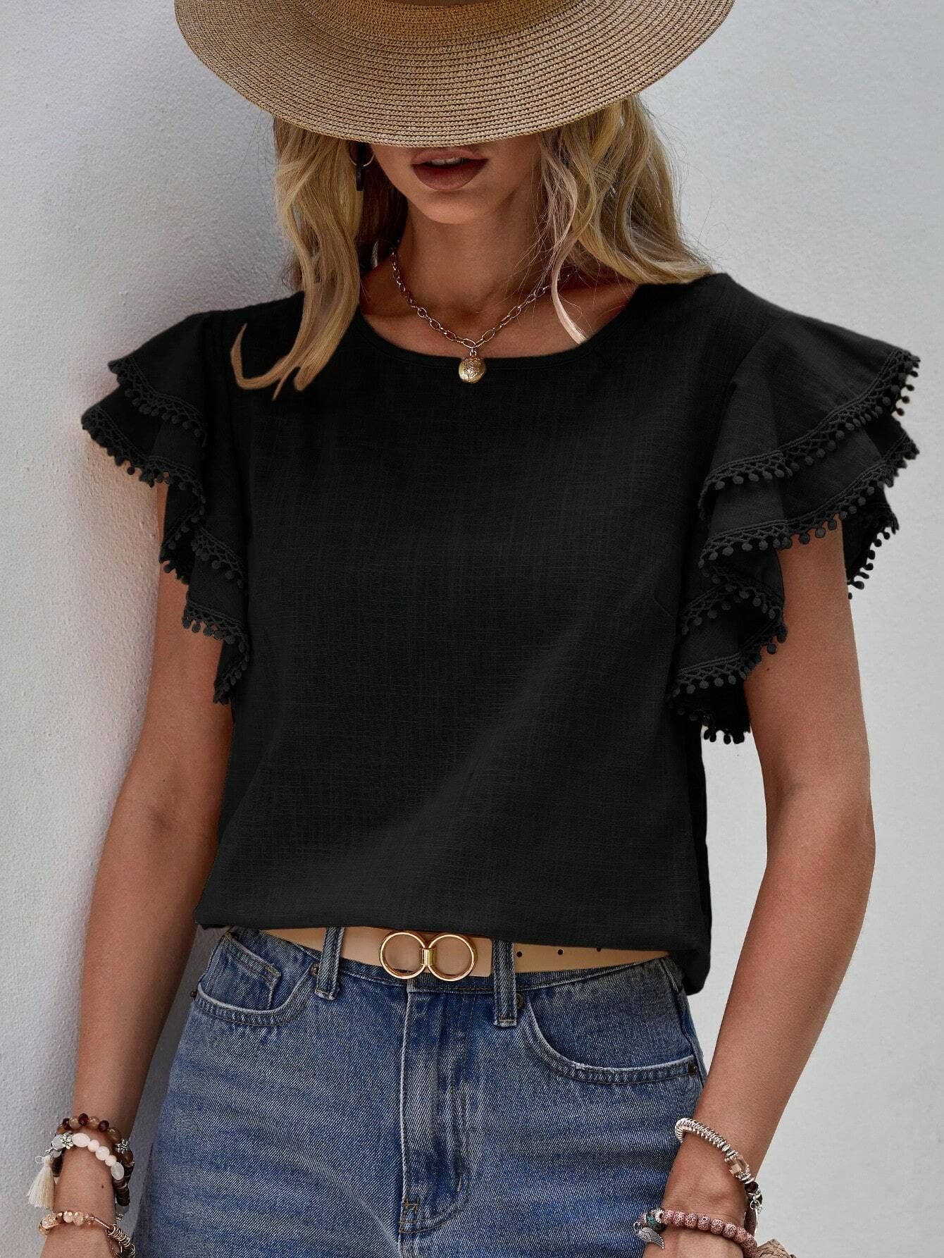 2025 Women's Casual Crew Neck Summer Loose Shirt Lotus Leaf Batman Short Sleeve Top Women
