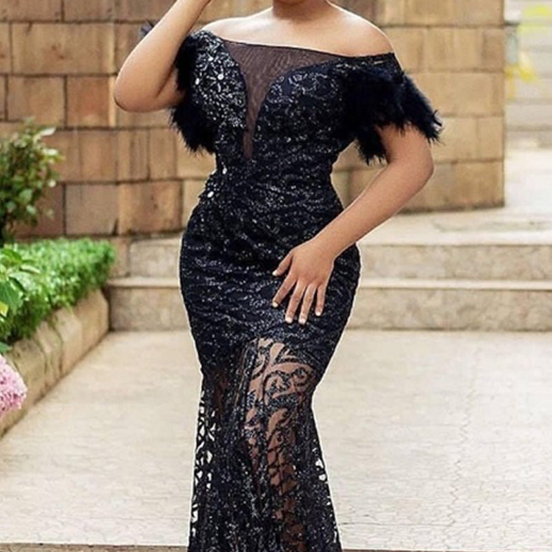 2025 new New 2025 women's clothing dress one-word shoulder sequins slim-fitting buttocks mermaid evening dress