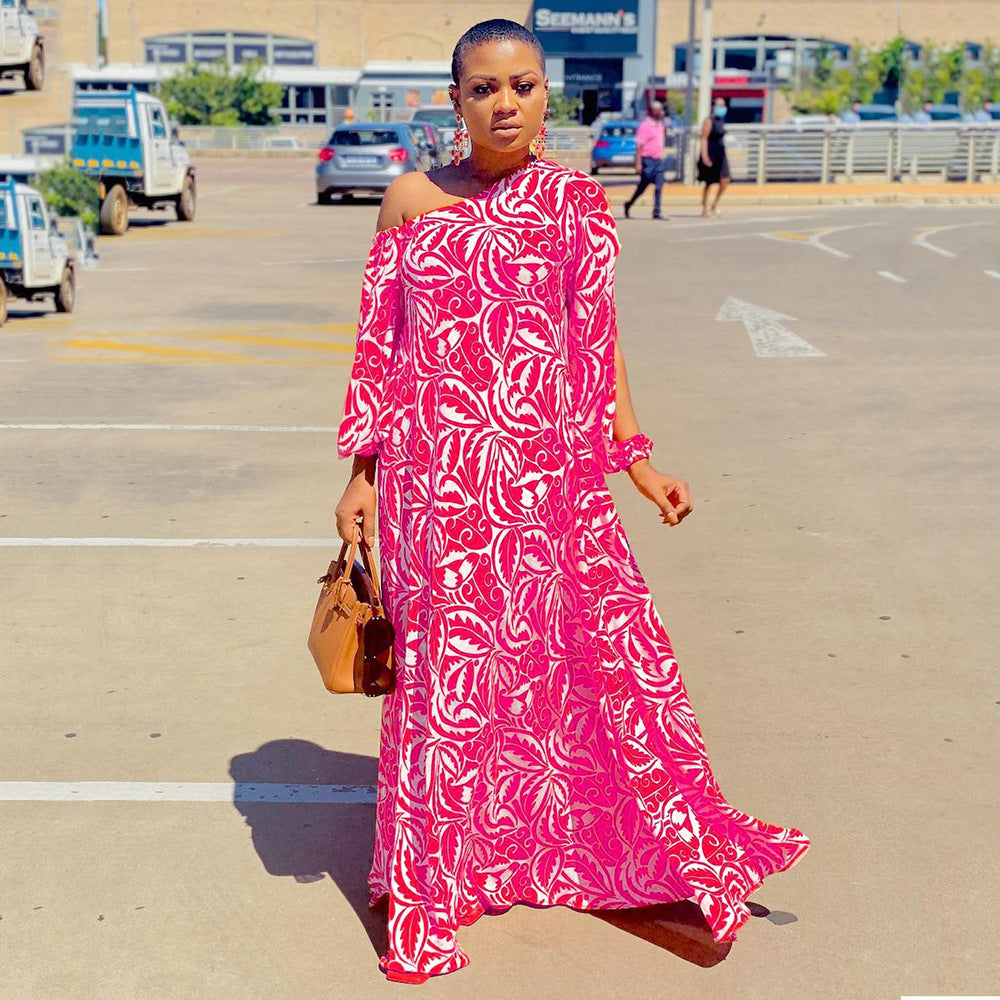2025 New summer new 2025 women's clothing printed dress slanted shoulder medium sleeve loose sexy long dress dress