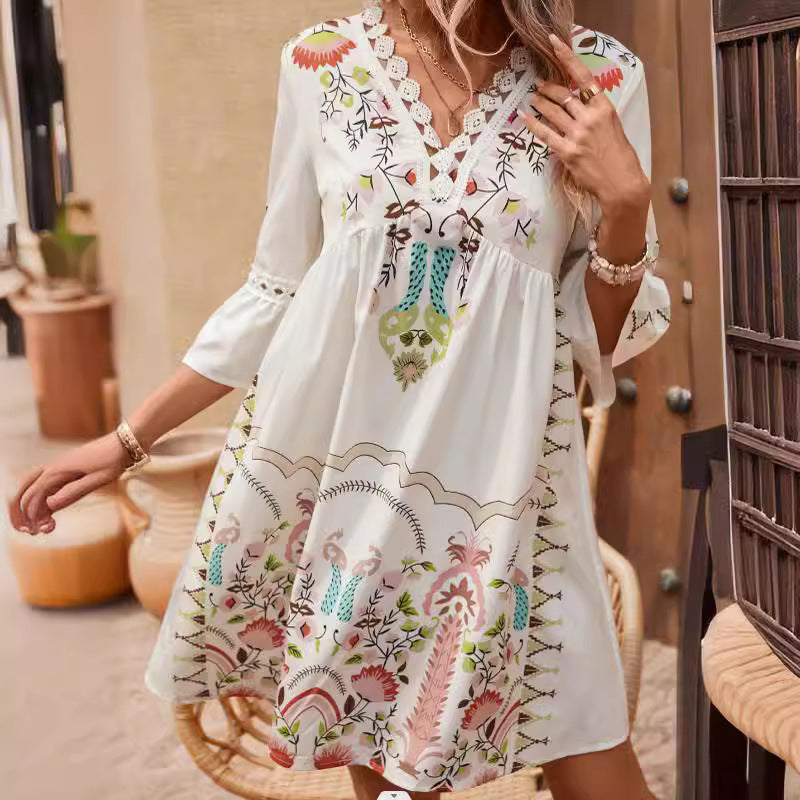 2025 Popular, , New women's clothing, summer new V-neck lace splicing casual versatile printed dress