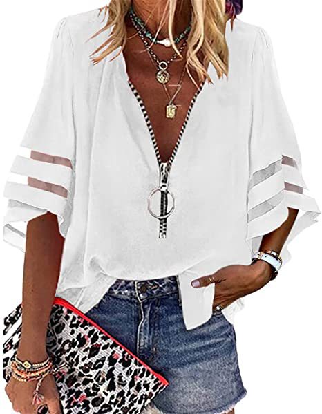 2025 Popular, , 's new V-neck zipper shirt, half-flared sleeve grid splicing, loose casual shirt women
