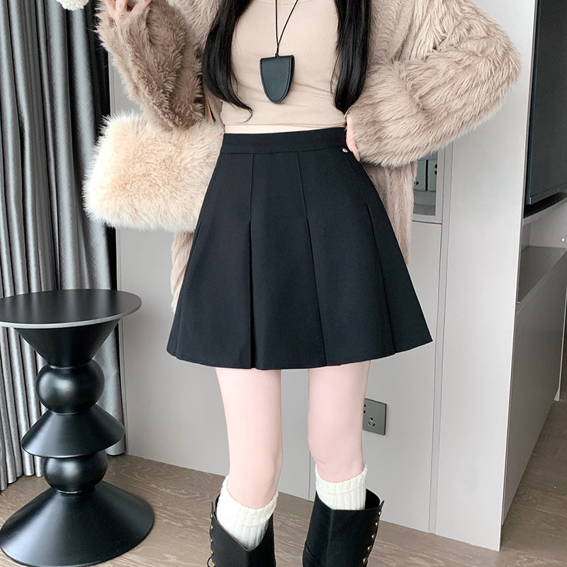 2025 College style sweet pleated short skirt new large size fat MM Korean version high waist thin age reduction A-shaped skirt