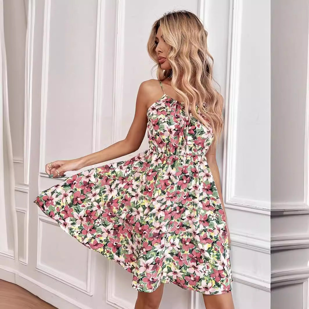 2025 Popular, , summer new elegant sleeveless dress pullover printing elastic waist suspender short skirt women