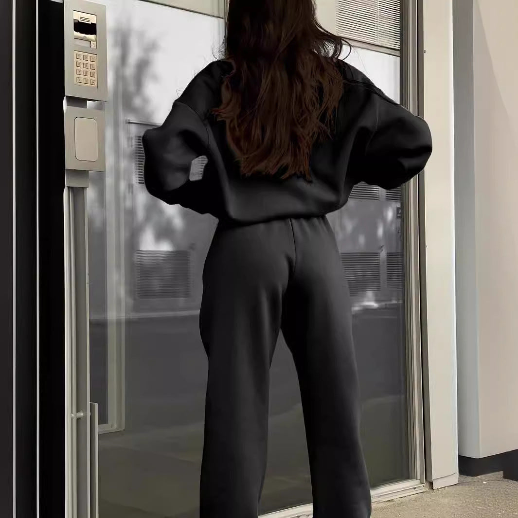 2025 Popular, , New autumn and winter new fashion zipper lapel solid color casual two-piece set