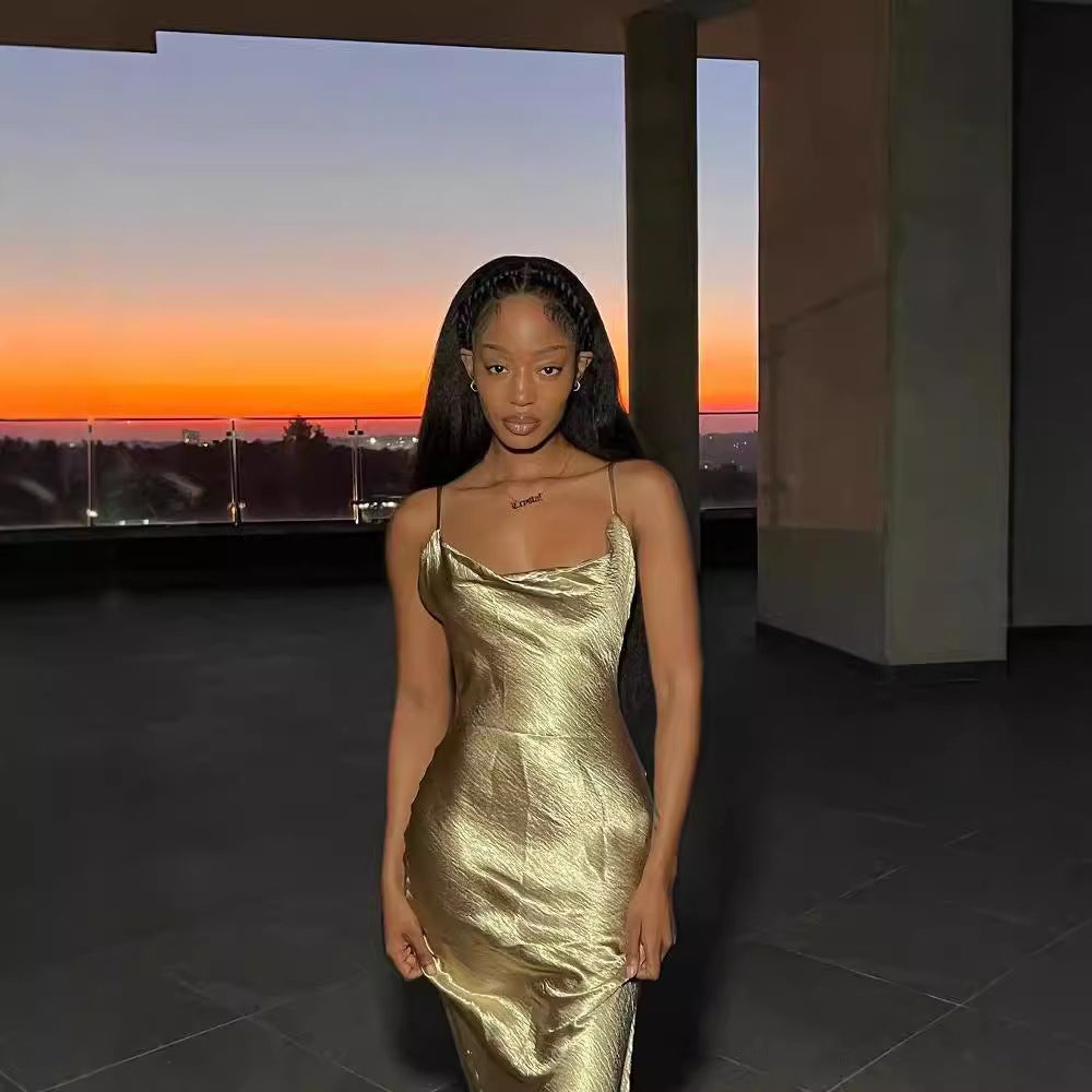 jinran party dresses 2024 Summer Masson Popular Elegant Backless Strap Fishtail Golden Dress Dress Sexy Slimming