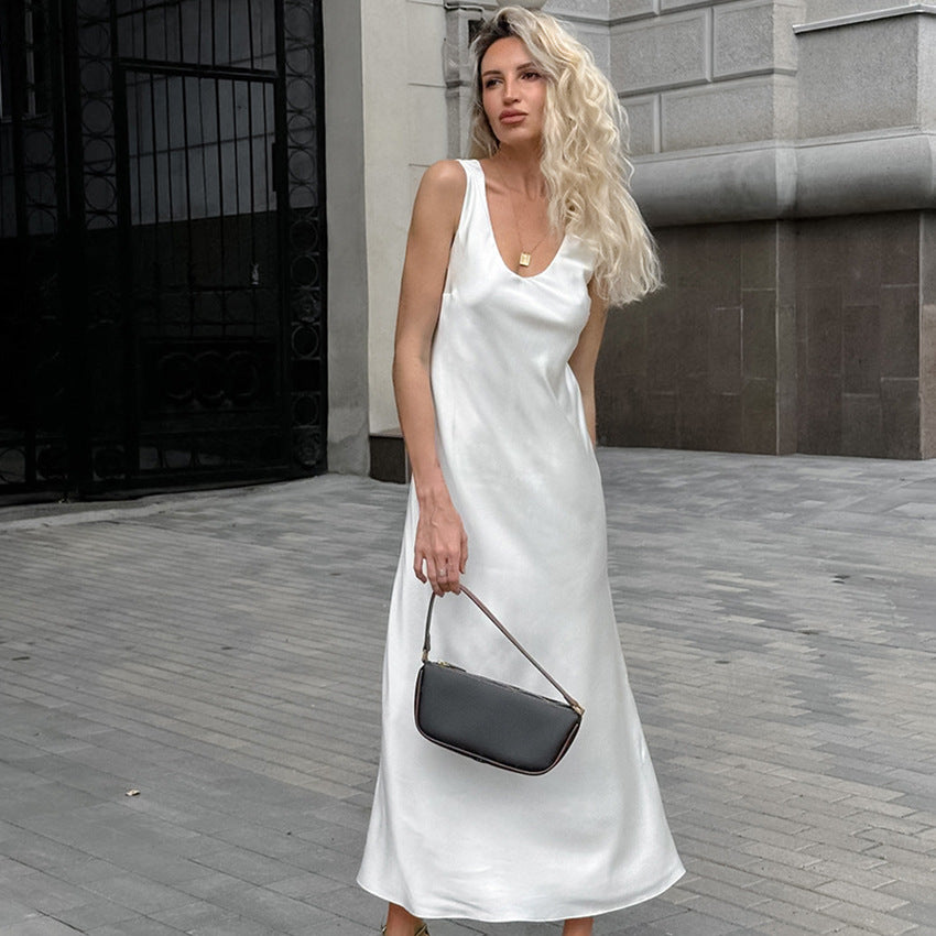 2025 White U-neck thin soft matte satin slim fishtail dress new autumn fashion Popular trade women