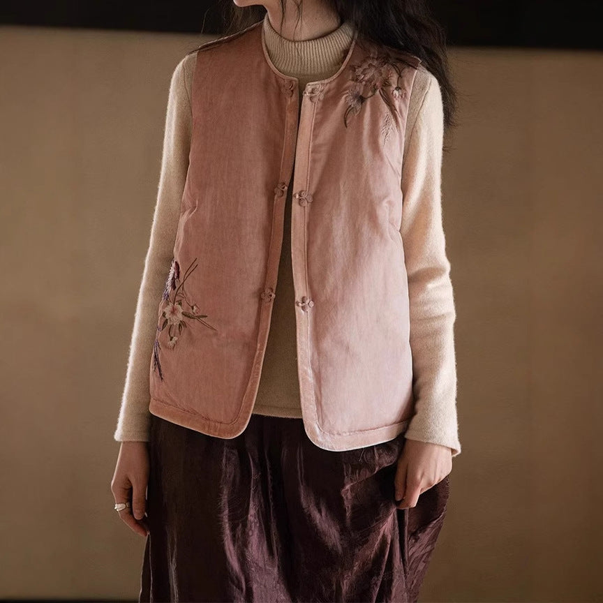2025 Fried silk autumn and winter Chinese down vest, embroidered down jacket vest for women, warm retro vest B1201