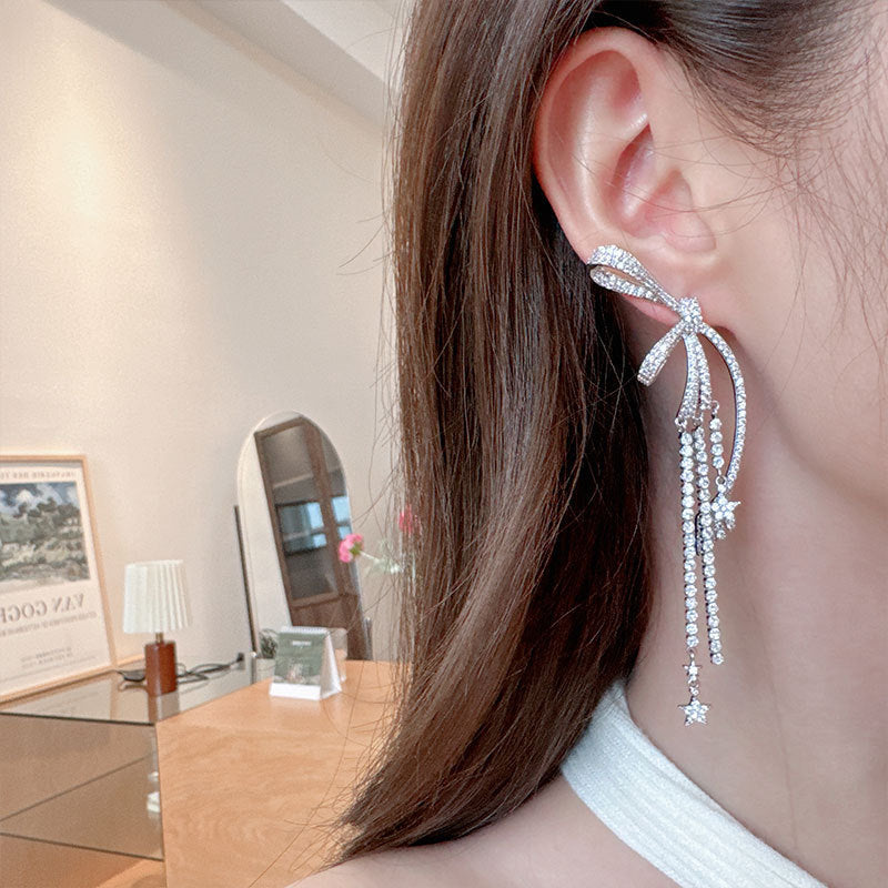 2025 Diamond bow tassel earrings for women luxury long earrings personality exaggerated atmosphere heavy earrings wholesale