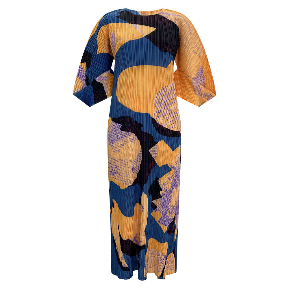 2025 Miyake new geometric printing seven-quarter sleeve round neck loose Korean version dress women's pleated temperament A-shaped skirt
