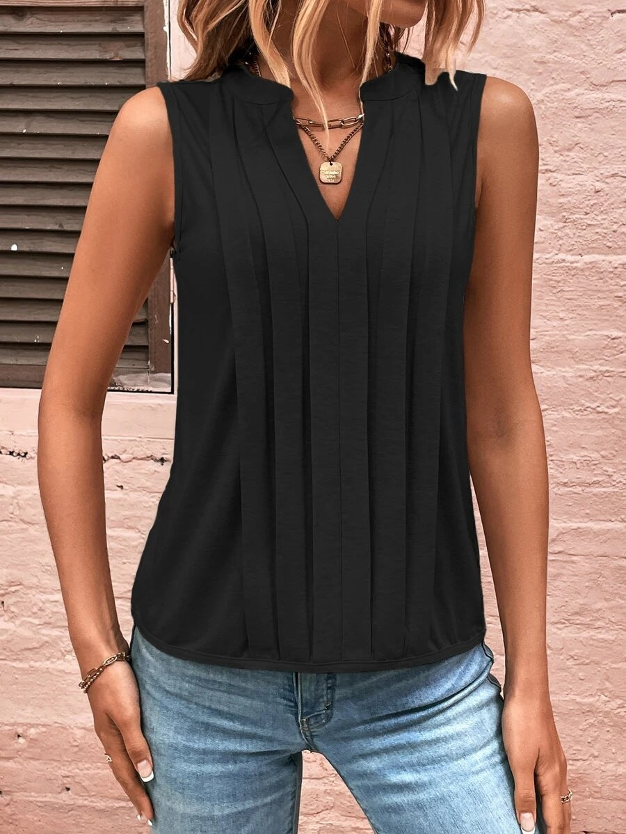 2025 Popular, , New women's clothing summer new fashion temperament elegant pleated V-neck vest women's top T