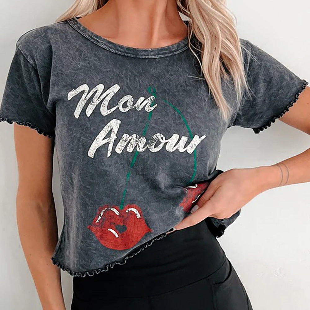 2025 Tide brand New retro old lock edge short T-shirt women's short sleeve summer new design sense printed T-shirt high sense