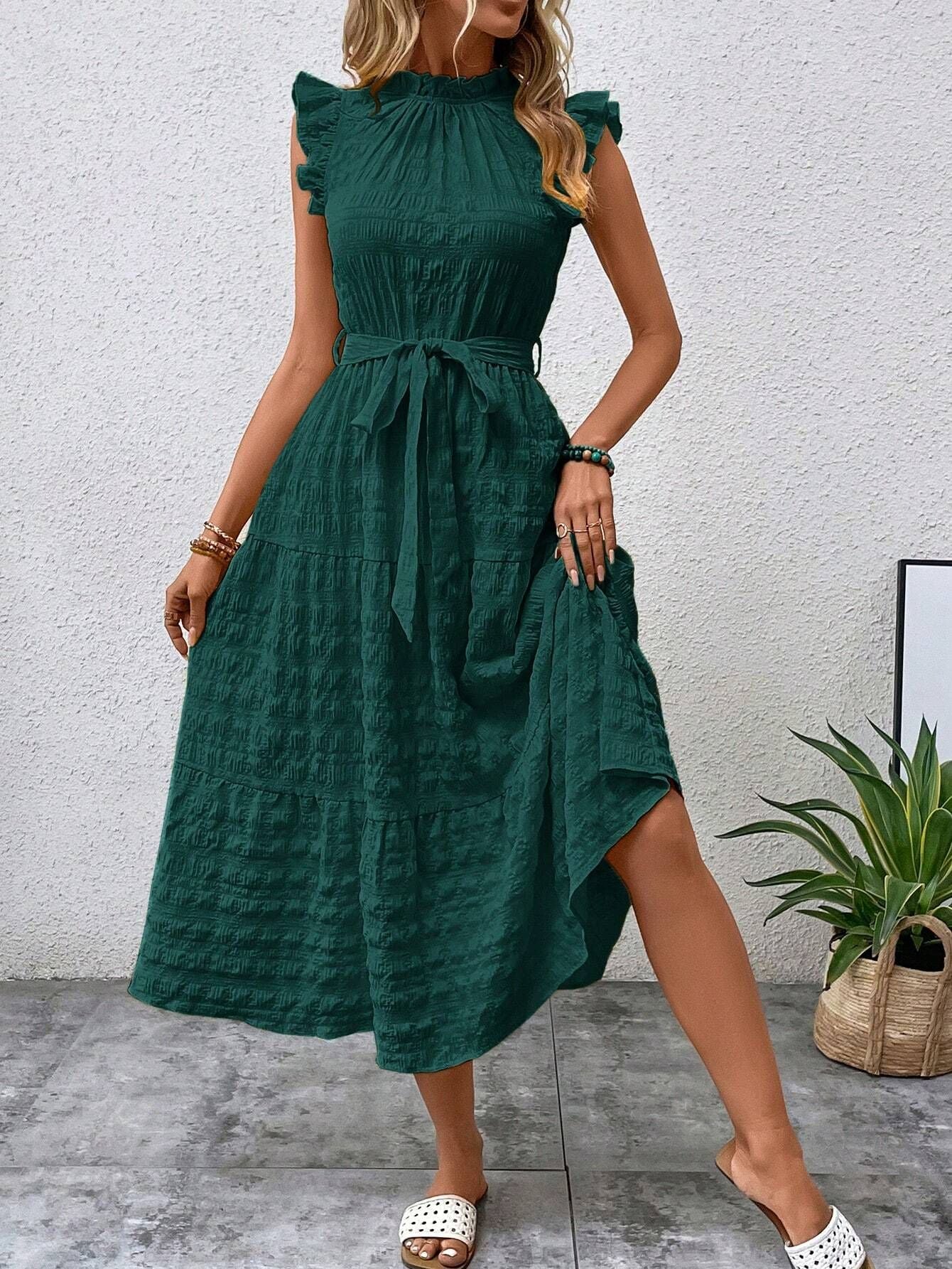 2025 Popular, , New women's clothing summer new fashion fungus edge flying sleeves lace-up textured dress